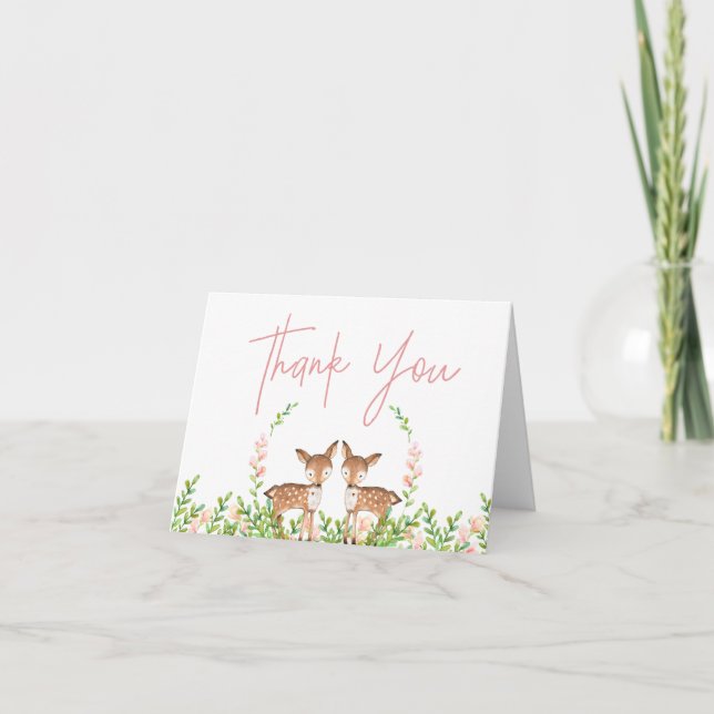 Pink Floral Deer Thank You Card (Front)