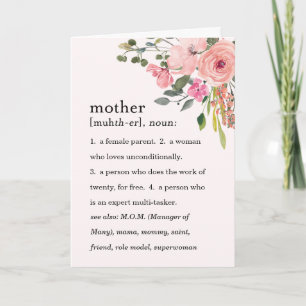 Pink Floral Definition of a Mother, Mother's Day Card