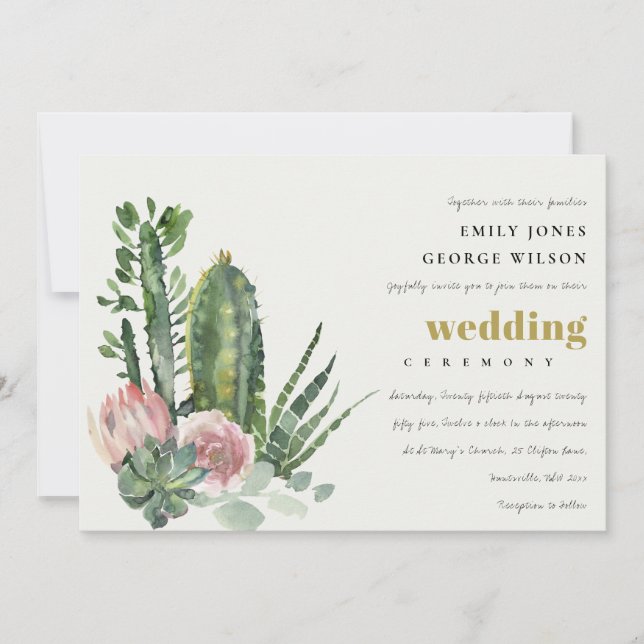 PINK FLORAL DESERT CACTI FAUNA WATERCOLOR WEDDING INVITATION (Front)