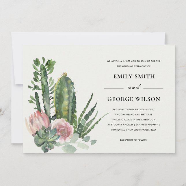 PINK FLORAL DESERT CACTI FAUNA WATERCOLOR WEDDING INVITATION (Front)