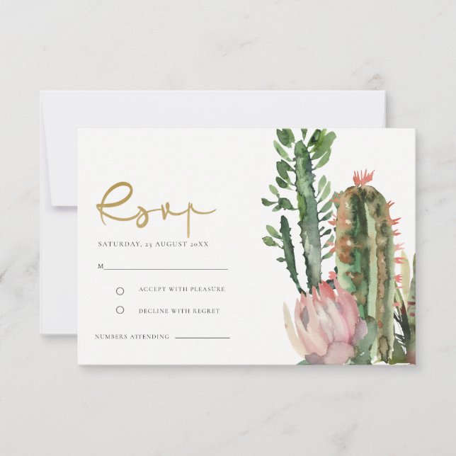 PINK FLORAL DESERT CACTI FOLIAGE WATERCOLOR RSVP (Front)