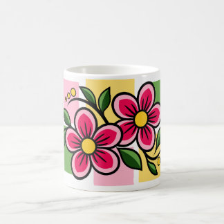 Pink Floral Design with Green Leaves Coffee Mug