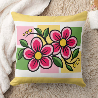 Pink Floral Design with Green Leaves Throw Pillow