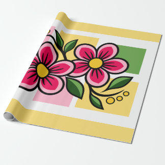 Pink Floral Design with Green Leaves Wrapping Paper