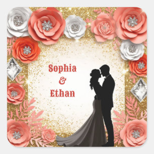 💎 Pink Floral Diamond Bride And Groom Wedding 💎 Square Sticker
