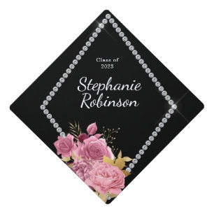 Pink Floral Diamonds Name Year Graduation Cap Topper