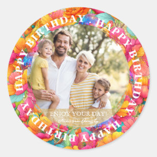 Pink Floral Disco Ball Happy Birthday Custom Photo Classic Round Sticker