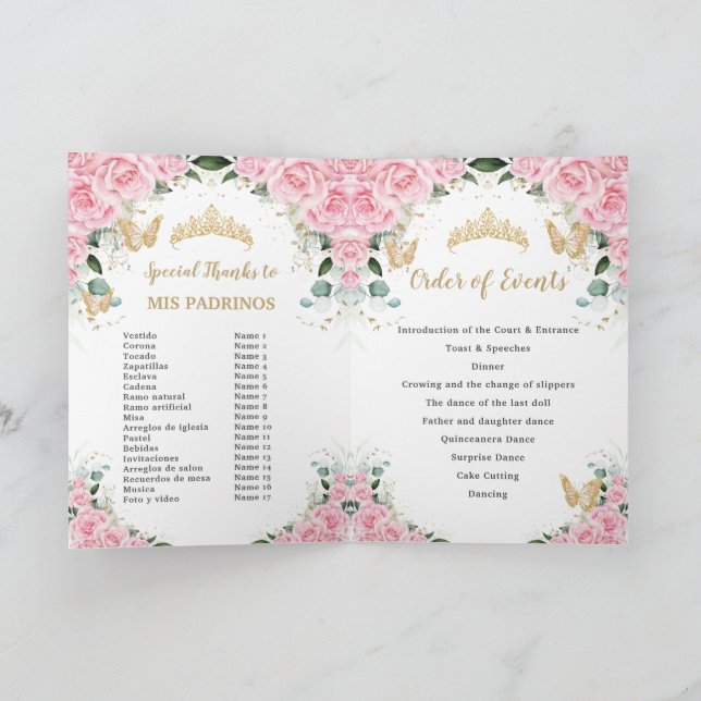 Pink Floral Dress Gold Quinceañera Order of Events Program (Inside)