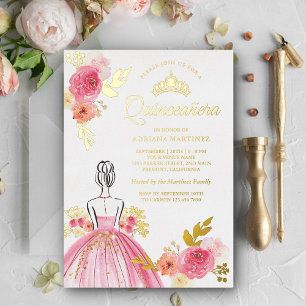 Pink Floral Dress Princess Quinceanera Gold