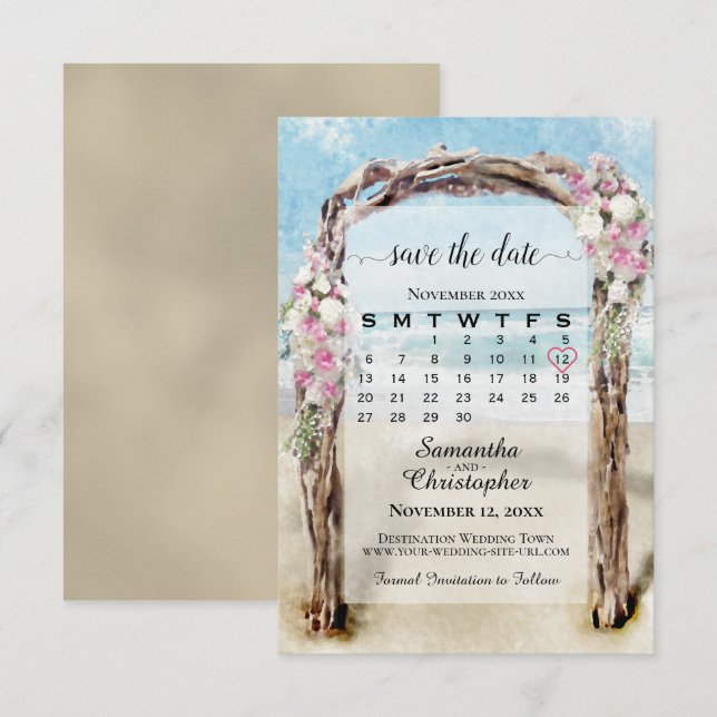 Pink Floral Driftwood Beach Arbor Calendar Wedding Save The Date (Front/Back)
