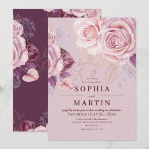 Pink Floral Dusty Roses Boho Wedding Invitation
