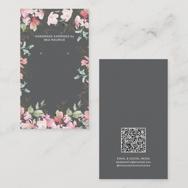 Pink Floral Earring Display Holder QR Code Card (Front/Back)