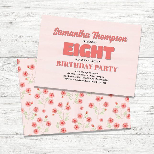 Pink Floral Eighth Birthday Girl Party Template (Eighth Birthday Girl Custom Party Invitations.)