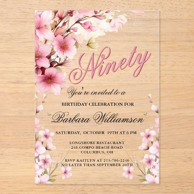 Pink Floral Elegance 90th Birthday Party Acrylic Invitations (Front)