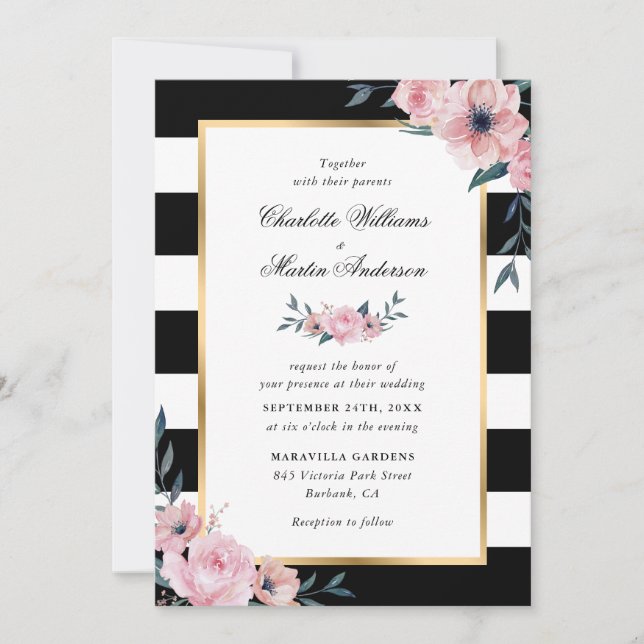 Pink Floral Elegant Black White Striped Wedding Invitation (Front)