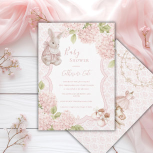 Pink Floral Elegant Hydrangea Vintage Bunny Invitation