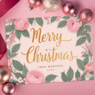 Pink Floral Elegant Merry Christmas Holiday Card
