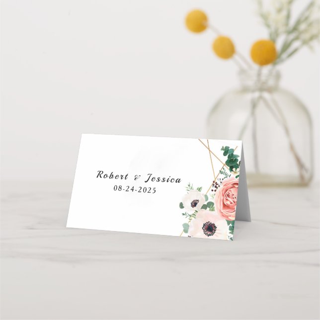 Pink Floral Elegant Modern Flowers Wedding Place Card (Front)