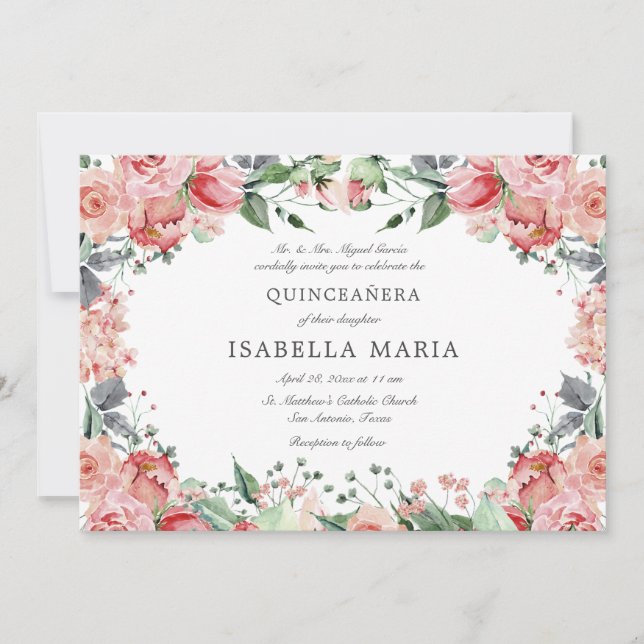 Pink Floral Elegant Quinceañera Invitation (Front)