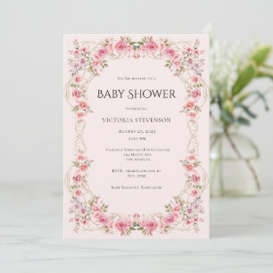 Pink Floral Elegant Roses Baby Shower Invitation