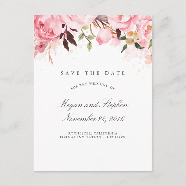 Pink Floral Elegant Save the Date Announcement Postcard (Front)