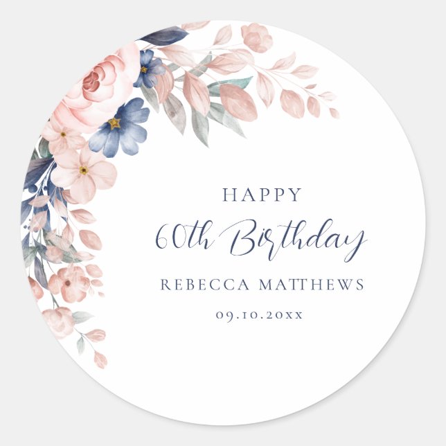Pink Floral Elegant Script 60th Birthday Any Age Classic Round Sticker (Front)