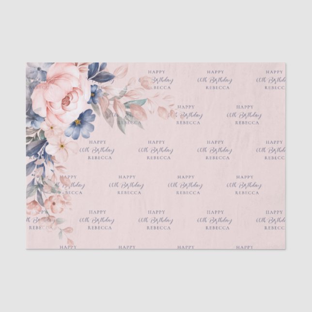 Pink Floral Elegant Script 60th Birthday Any Age Tissue Paper (Front)