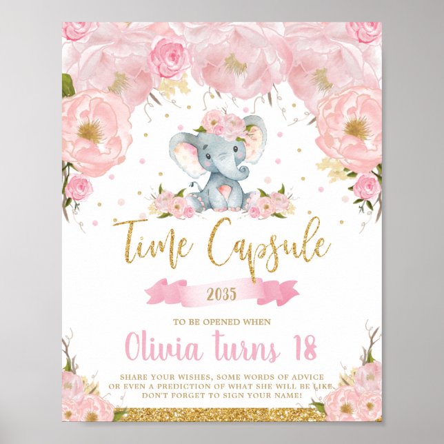 Pink Floral Elephant 1st Birthday Time Capsule Poster (Front)