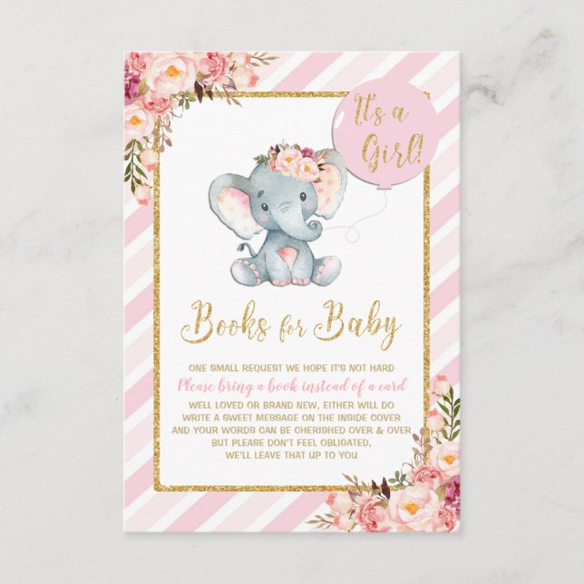 Pink Floral Elephant Baby Shower Bring a Book Card (Front)