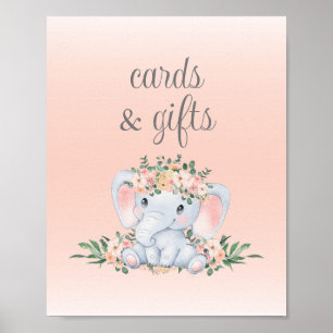 Pink Floral Elephant Baby Shower Cards and Gifts Poster