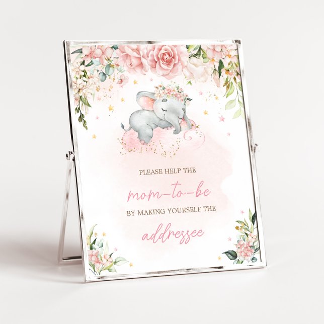 Pink Floral Elephant Baby Shower Envelope Station Poster (Pink Floral Sleeping Elephant Baby Shower Envelope Station Sign)