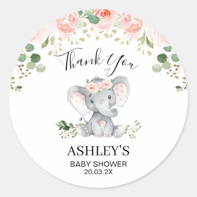 Pink Floral Elephant Baby Shower Favour Sticker (Front)