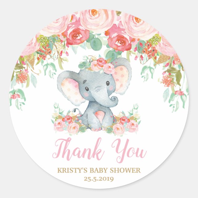 Pink Floral Elephant Baby Shower Girl Favours Classic Round Sticker (Front)