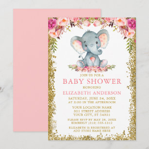 Pink Floral Elephant Baby Shower Gold Glitter Invitation