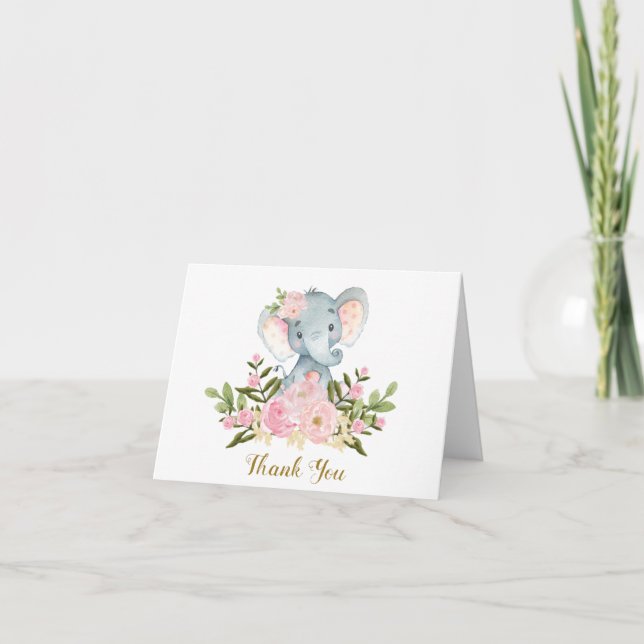 Pink Floral Elephant Baby Shower Thank You Note (Front)