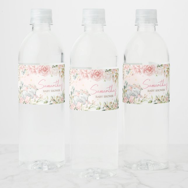 Pink Floral Elephant Baby Shower  Water Bottle Label (Bottles)