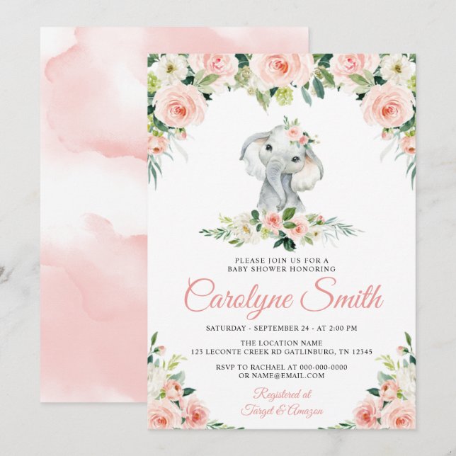Pink Floral Elephant Editable Baby Shower Invitation (Front/Back)