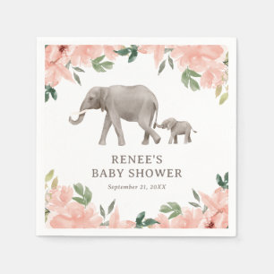 Pink Floral Elephant Girl Baby Shower Napkin