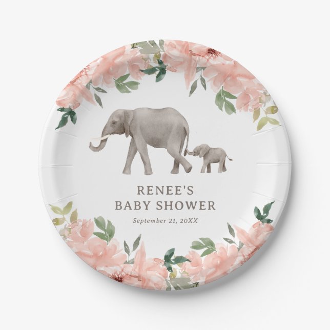 Pink Floral Elephant Girl Baby Shower Paper Plate (Front)