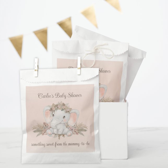 Pink Floral Elephant Girl Baby Shower Thank You Favour Bag (Cute Elephant Baby Shower Favor Bags in Plush Pink Floral Theme for Gender Neutral or Baby Girl)