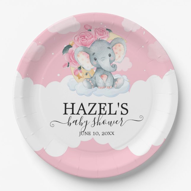Pink Floral Elephant Little Peanut Baby Shower Paper Plate (Front)