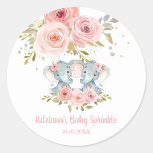 Pink Floral Elephant Twin Girls Baby Shower Favour Classic Round Sticker
