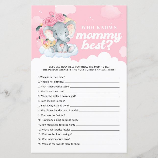 Pink Floral Elephant Who Knows Mommy Best Game (Front)