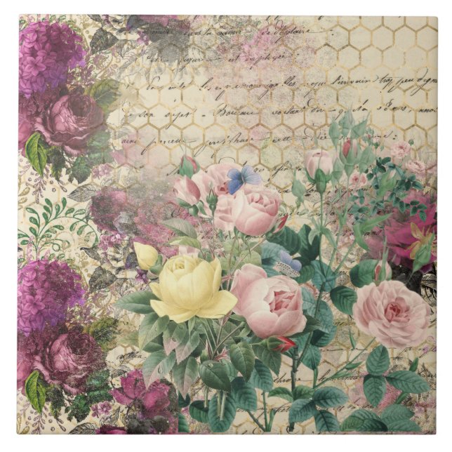 Pink Floral Ephemera with Beehive and Handwriting Tile (Front)