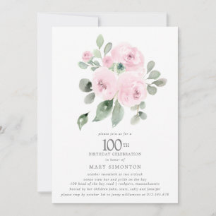  Pink Floral Eucalyptus 100th Birthday Party Invitation