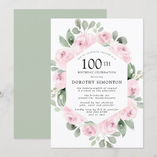 Pink Floral Eucalyptus 100th Birthday Party Invitation