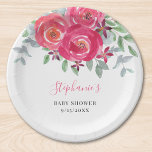Pink Floral Eucalyptus Baby Shower Paper Plate<br><div class="desc">These pretty Baby Shower paper plates feature watercolor roses and flowers in shades of pink and purple with eucalyptus and other foliage.
Easily customizable it with your details.
Because we create our artwork you won't find this exact image from other designers.
Original Watercolor © Michele Davies.</div>