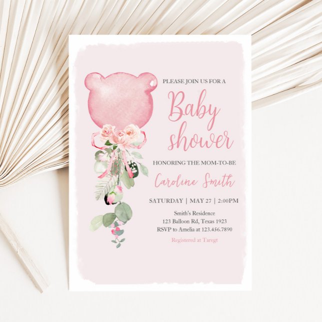 Pink Floral Eucalyptus Balloon Baby Shower Invitation (Pink Floral Eucalyptus Bear Balloon Baby Shower Invitation
)