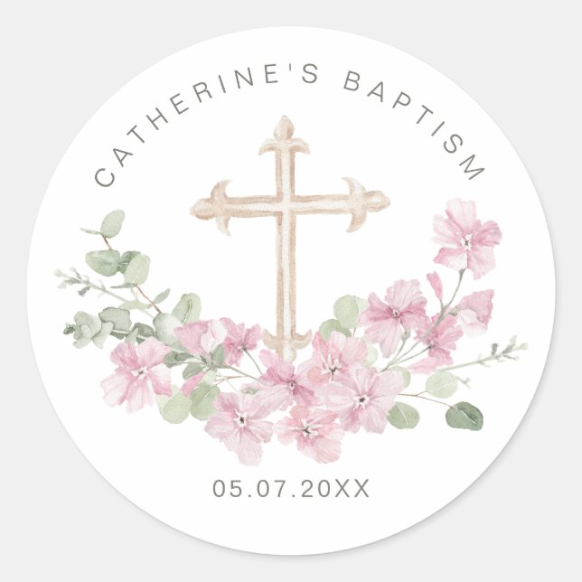 Pink Floral Eucalyptus Cross Baptism Classic Round Sticker (Front)