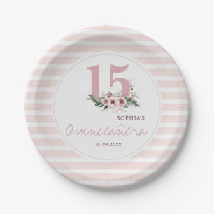 Pink Floral & Eucalyptus Quinceanera 15th Birthday Paper Plate